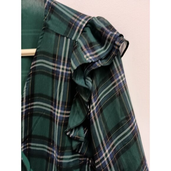 Torrid BOHO Top Size 2X Green Plaid Chiffon Ruffle Long Sleeve Peplum Crop - Picture 4 of 11